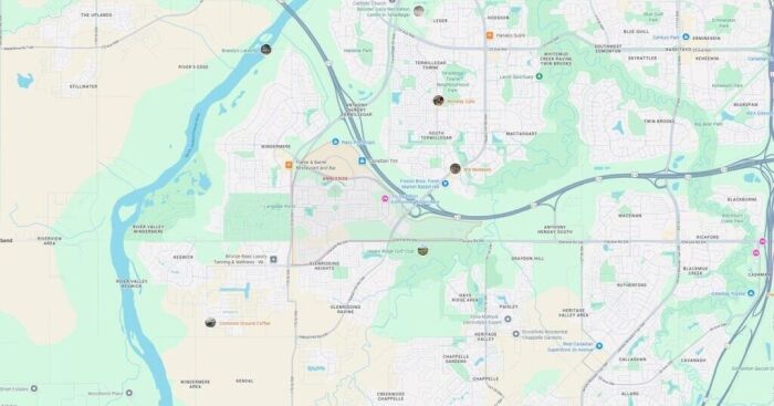 A detailed map of the river valley highlighting bridges, parks, and residential areas in Edmonton, showcasing prominent landmarks and outdoor spaces for community enjoyment and recreation.