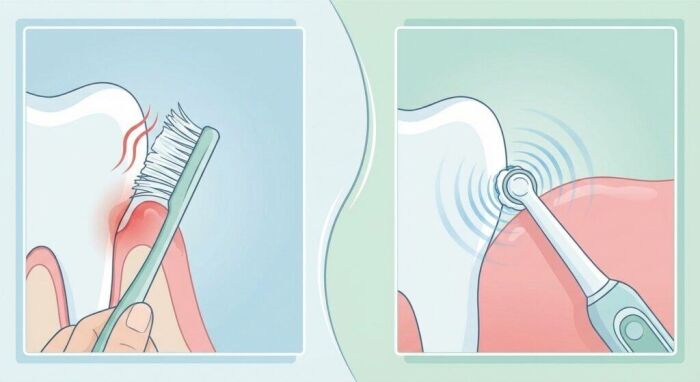 Illustration showing proper dental hygiene practices, including brushing teeth with a toothbrush and using a dental scaler for cleaning.