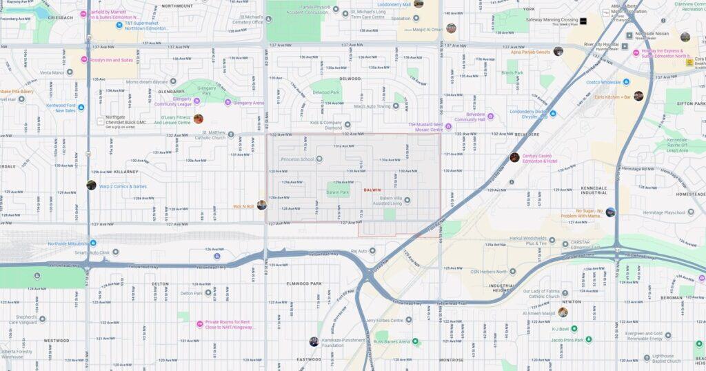 Detailed map of downtown Edmonton with landmarks, streets, parks, and transportation routes.