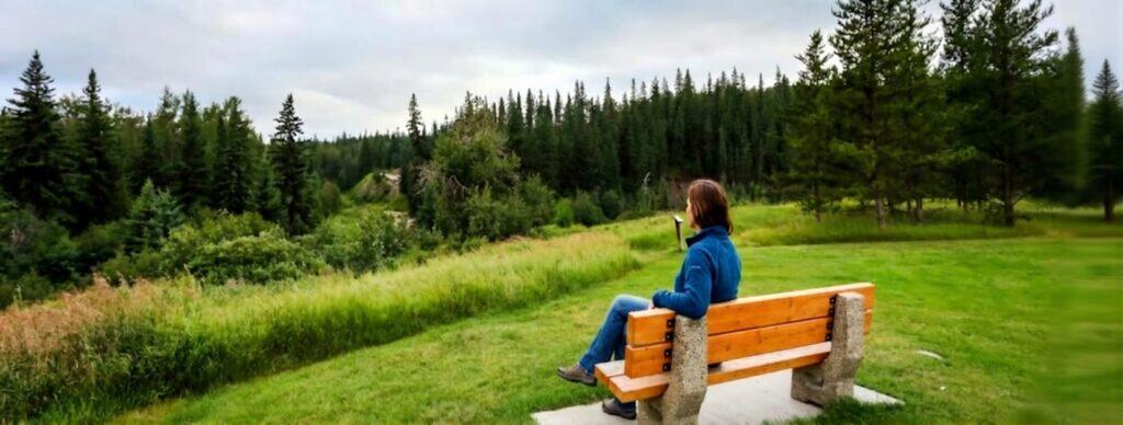 Woman seated on a wooden bench overlooking a verdant landscape with pine trees and grassy areas, surrounded by a lush forest under a cloudy sky. Ideal for nature walks, relaxation, and outdoor activities in scenic mountain or forest parks.