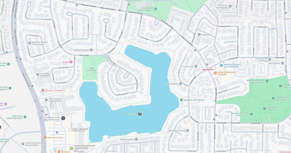 A detailed map of Lakeview Park showing residential areas, roads, and nearby parks with a central lake feature.