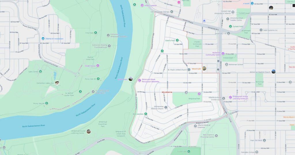 Riverfront neighborhood map with parks, streets, and natural features.