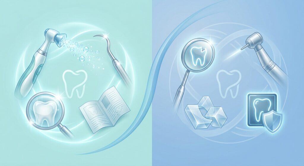 Dental cleaning tools including a water flosser, dental mirror, and toothbrush.