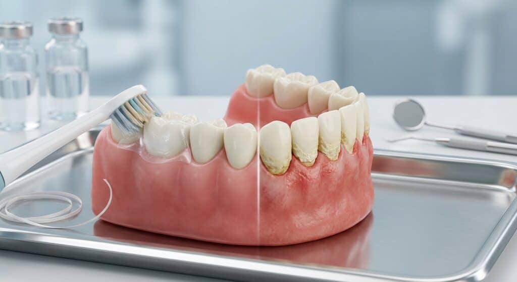 Dental prosthesis and cleaning tools on a dental model.