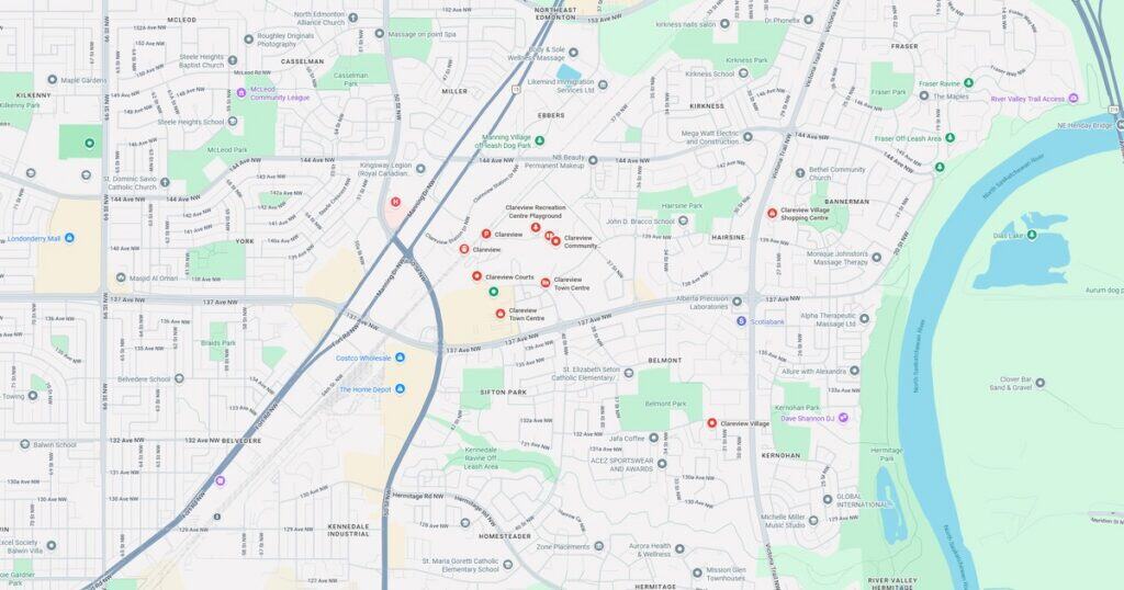 Detailed city map showing streets, parks, and the river in a suburban neighborhood.