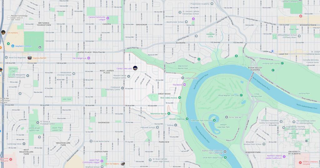 Detailed map of Riverbend Park with nearby streets, pathways, and natural features.