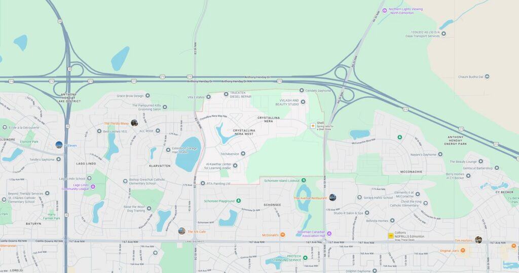 Detailed city map showing highways, roads, lakes, and neighborhoods for navigation and geographic reference.