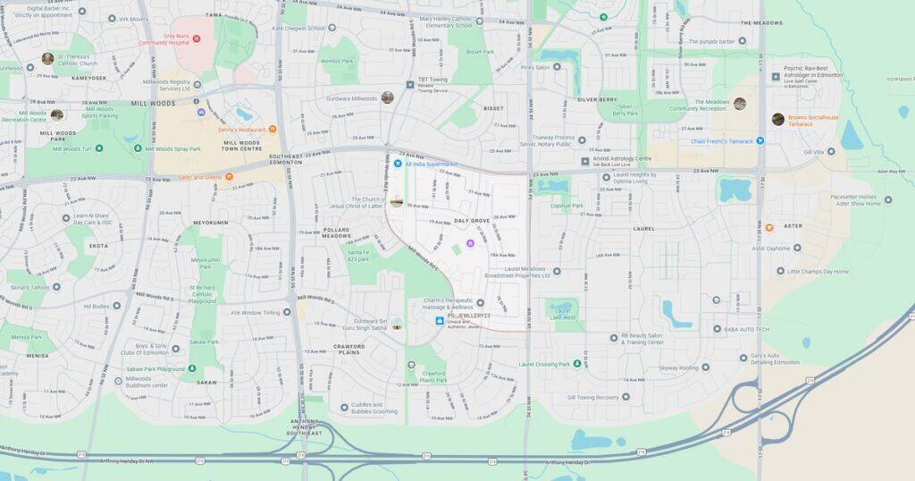 Detailed map showing streets, parks, schools, and community facilities in a residential area.