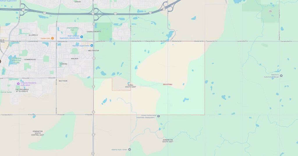 Map showing a suburban area with lakes, roads, and green spaces, highlighting residential neighborhoods and natural features.