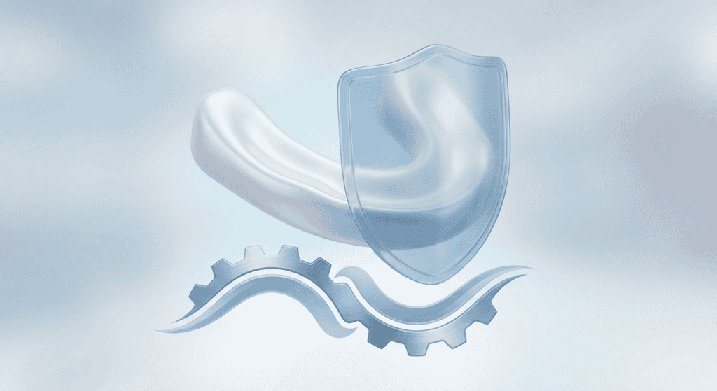 High-tech digital security concept featuring a shield, gear, and protective barrier symbolizing cybersecurity, data protection, and system safety.