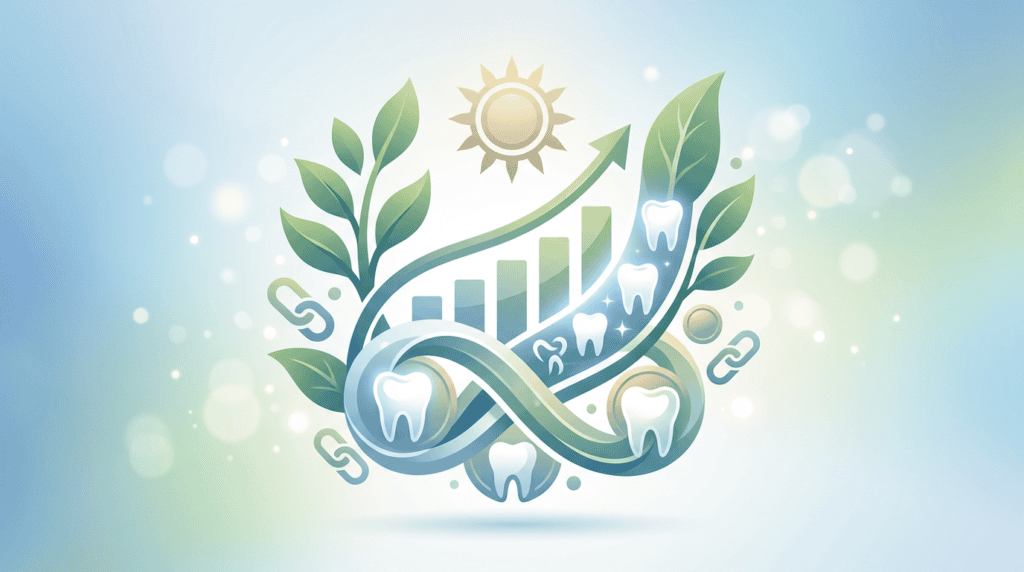 Illustration of healthy teeth, green leaves, sun, and growth chart representing dental health, natural care, and sunlight benefits.