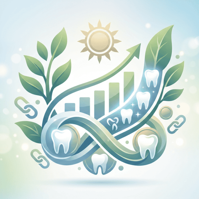 Illustration of healthy teeth, green leaves, sun, and growth chart representing dental health, natural care, and sunlight benefits.